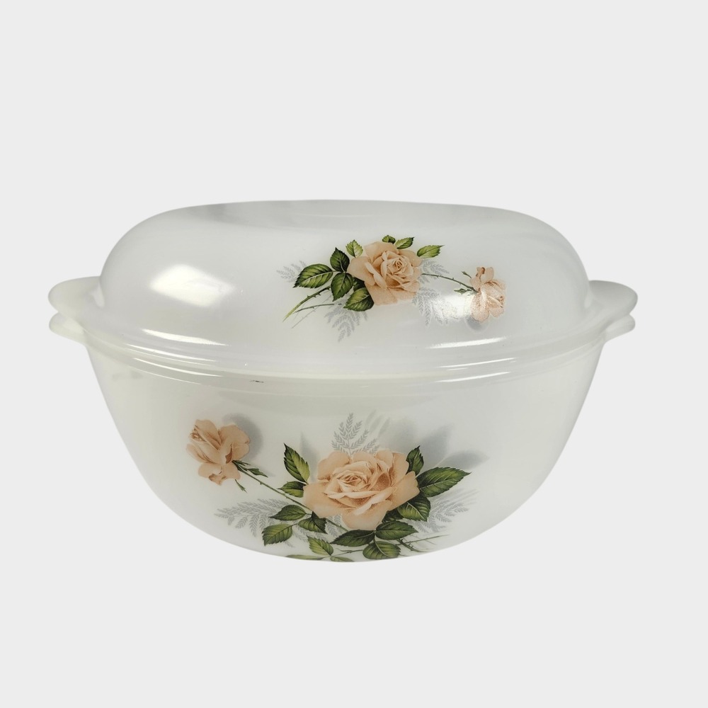 Arcopal Casserole Dish White Rosa Peach Floral Milk Glass With Lid Cottagecore